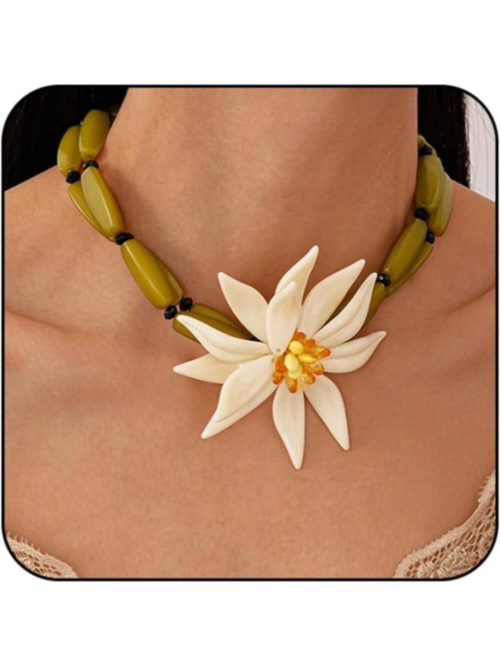 Exaggerated Large Flower Pendant Necklace with Green Beads - Tropical Statement